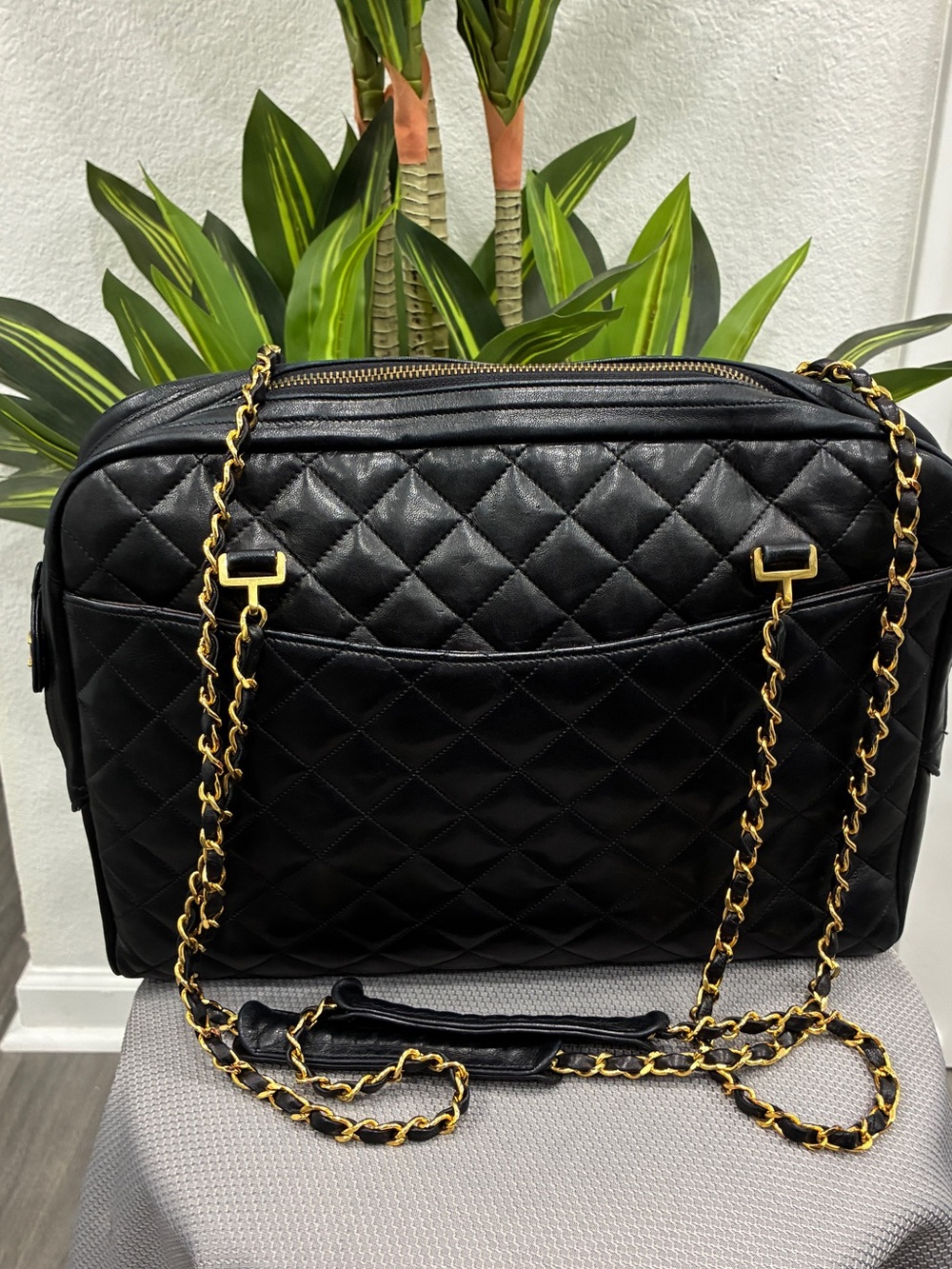 Vintage Chanel Black Quilted Lambskin XL Weekender Travel Tote Bag Gold Chain